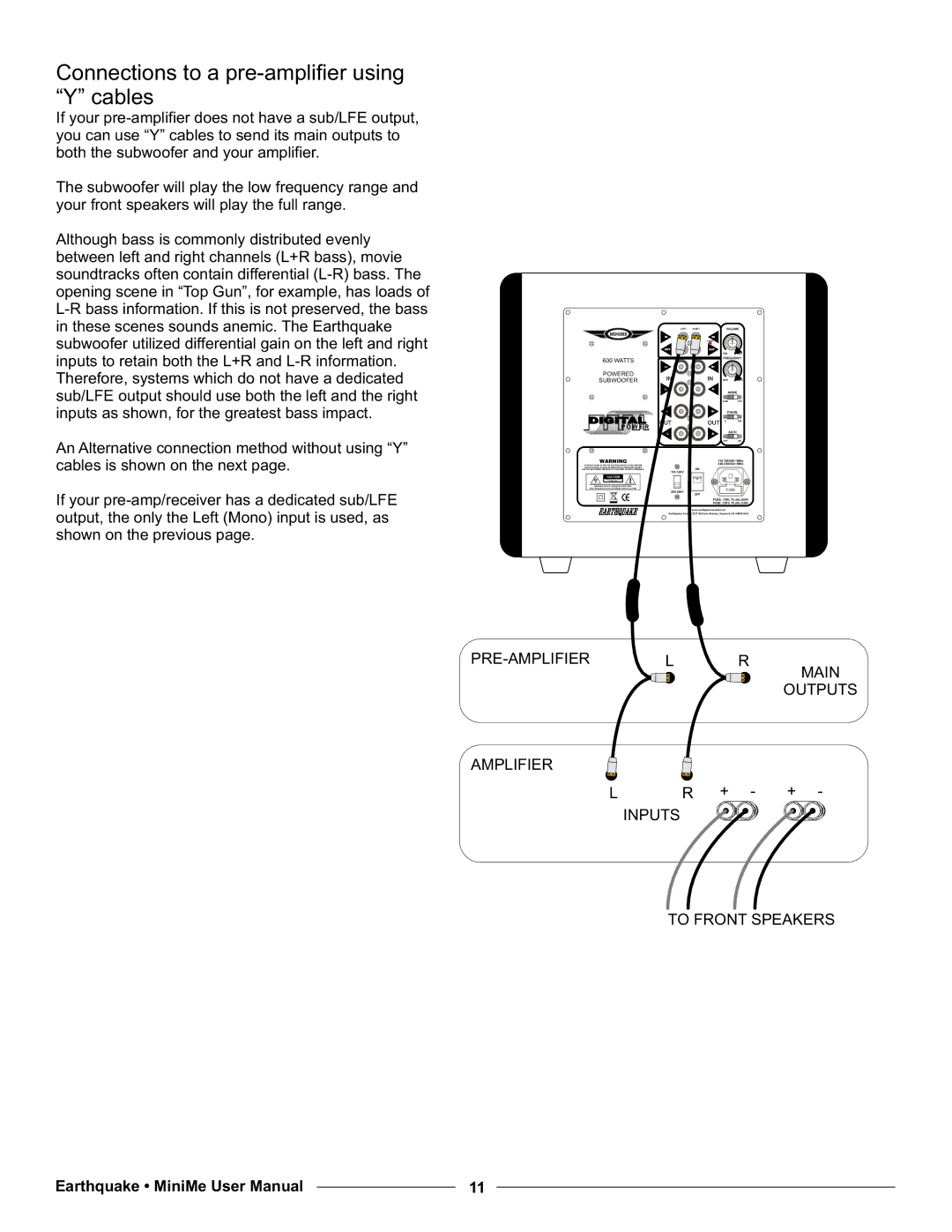 Earthquake Sound P10, P12 user manual Connections to a pre-amplifier using Y cables 