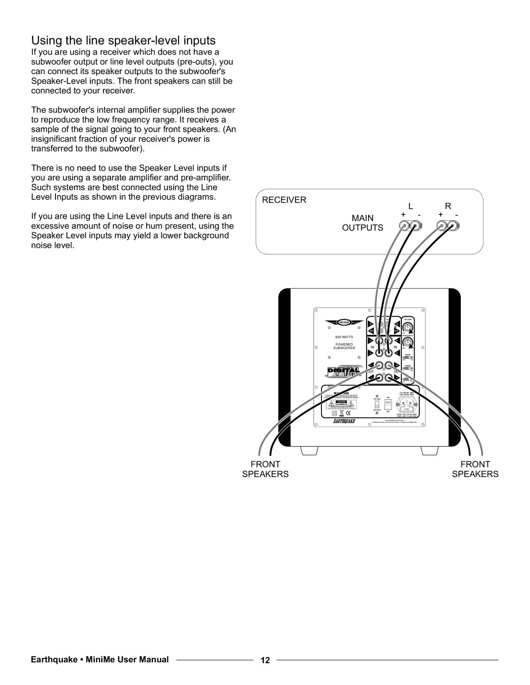 Earthquake Sound P12, P10 user manual Using the line speaker-level inputs, Receiver 