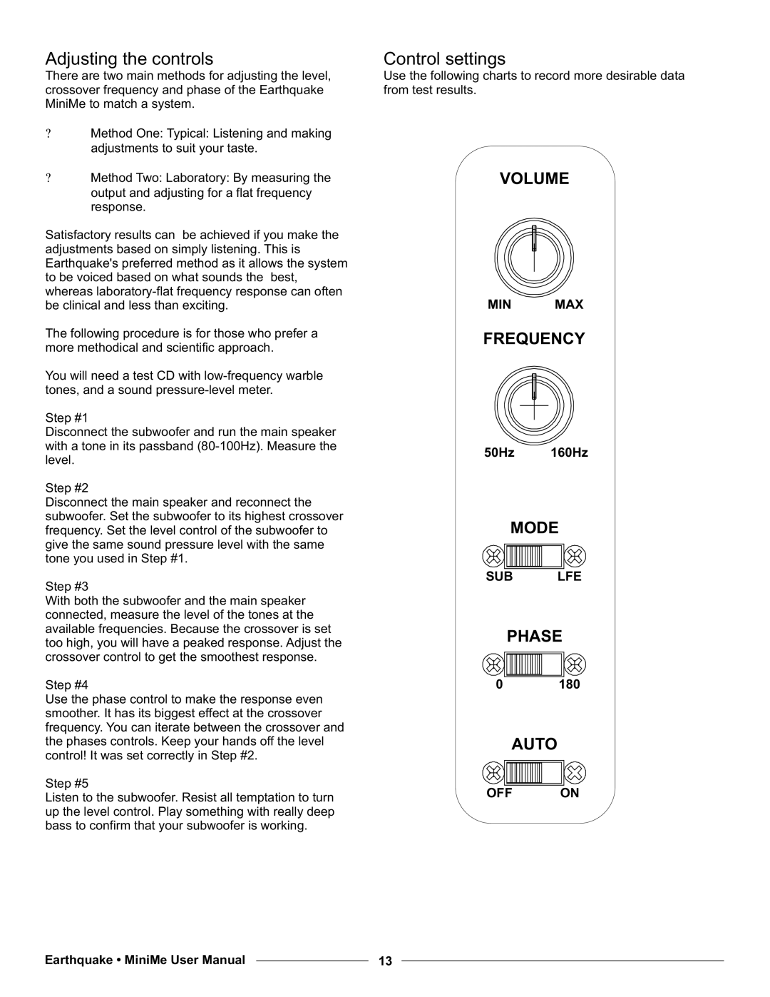 Earthquake Sound P10, P12 user manual Adjusting the controls, Control settings 