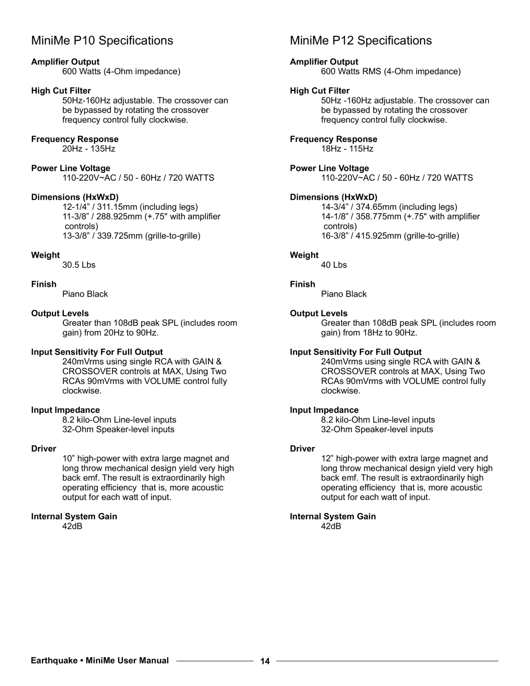 Earthquake Sound user manual MiniMe P10 Specifications, MiniMe P12 Specifications 