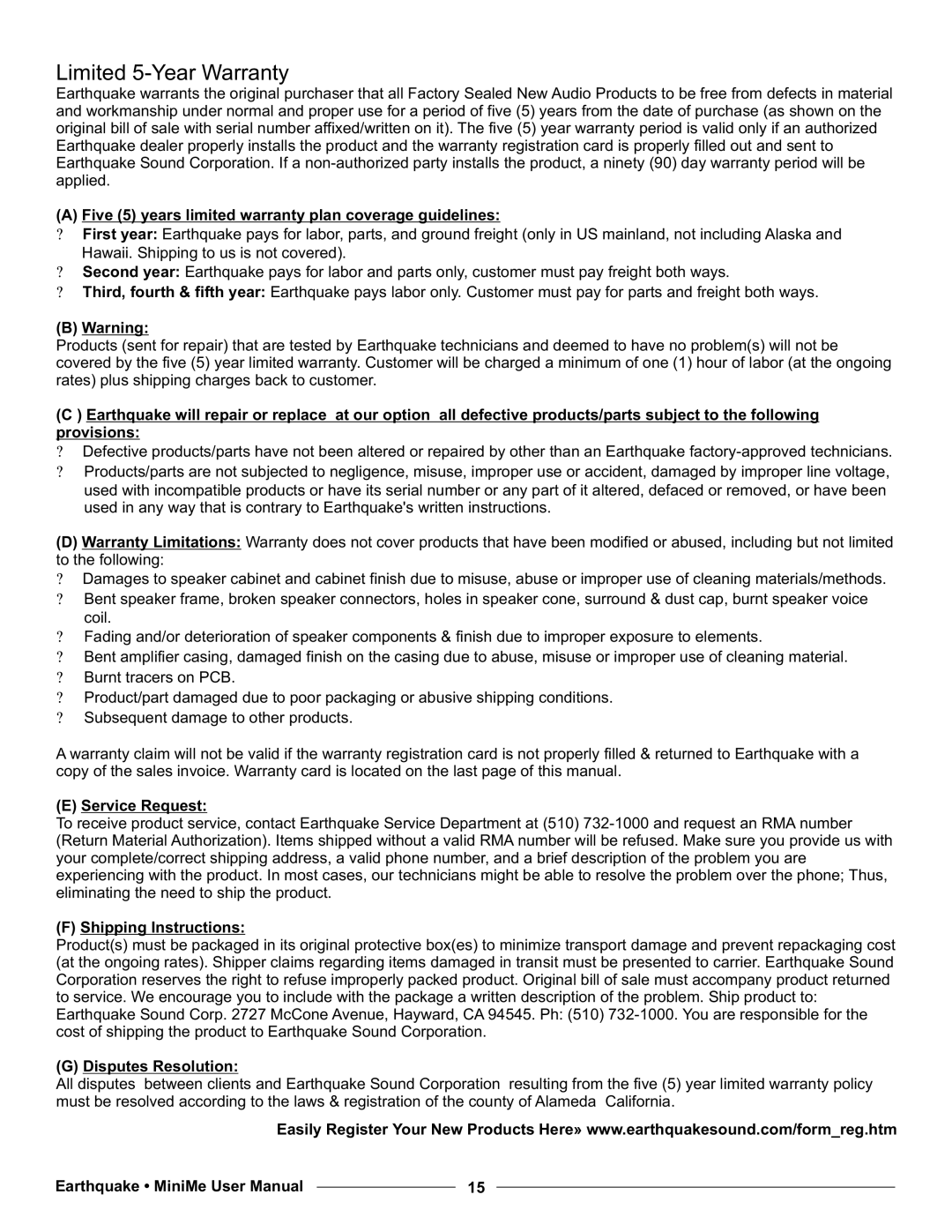 Earthquake Sound P10, P12 Limited 5-Year Warranty, Five 5 years limited warranty plan coverage guidelines, Service Request 