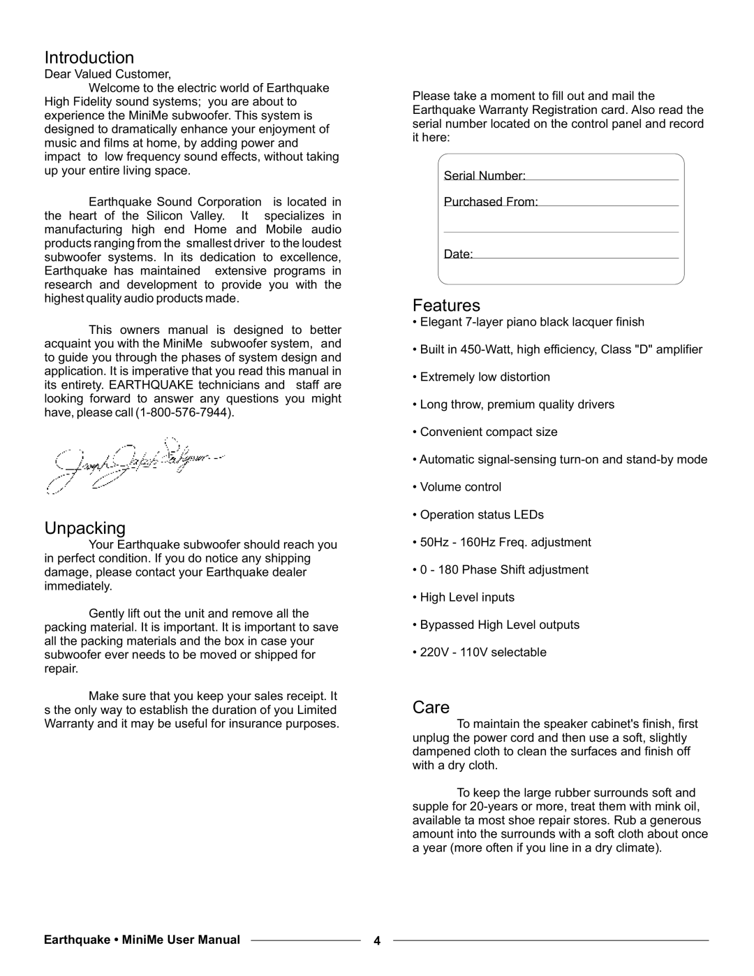 Earthquake Sound P12, P10 user manual Introduction, Unpacking, Features, Care 