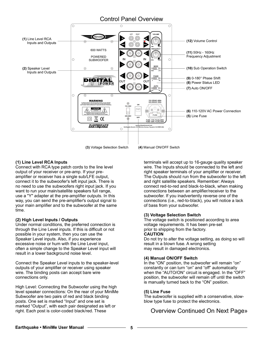 Earthquake Sound P10, P12 user manual Control Panel Overview, Overview On Next Page» 