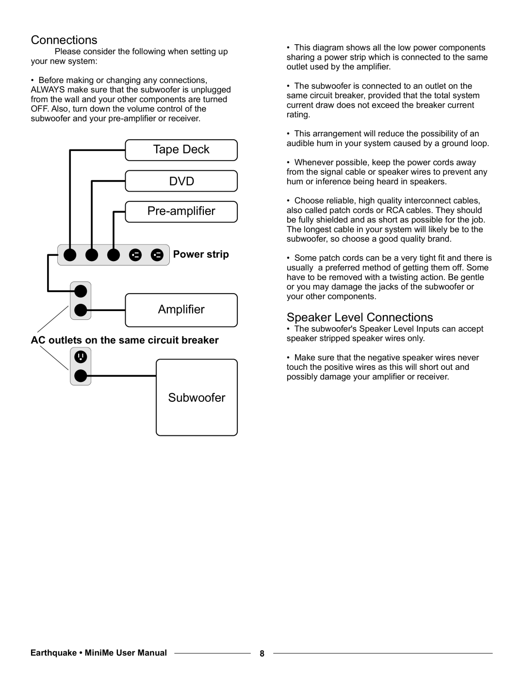 Earthquake Sound P12, P10 user manual Tape Deck, Pre-amplifier, Amplifier, Subwoofer, Speaker Level Connections 