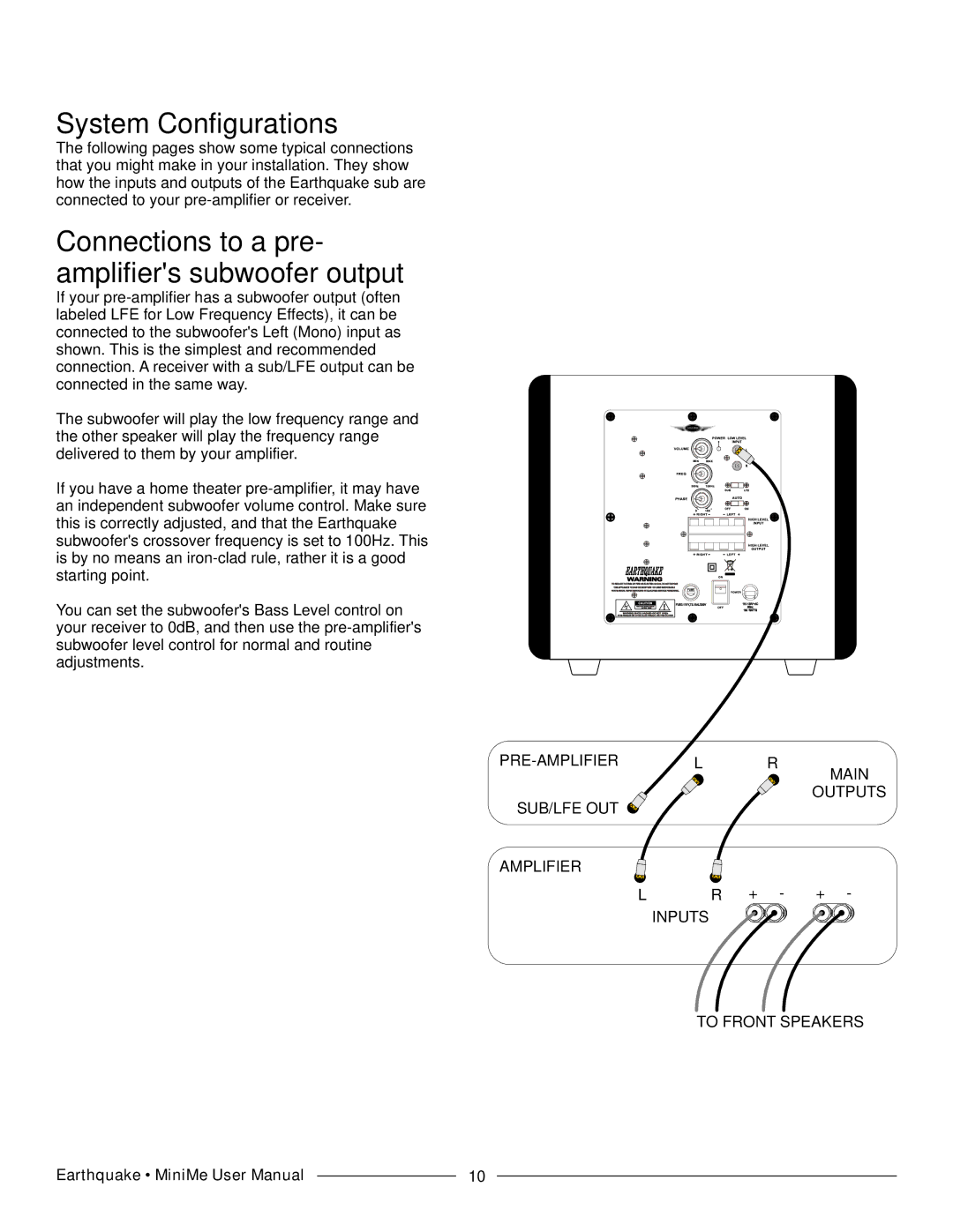 Earthquake Sound P8 manual System Configurations, Connections to a pre- amplifiers subwoofer output 