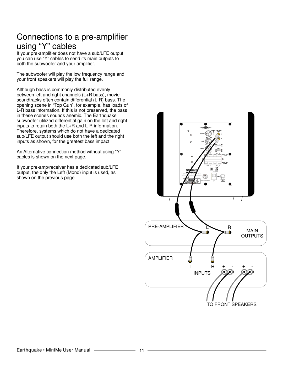 Earthquake Sound P8 manual Connections to a pre-amplifier using Y cables 