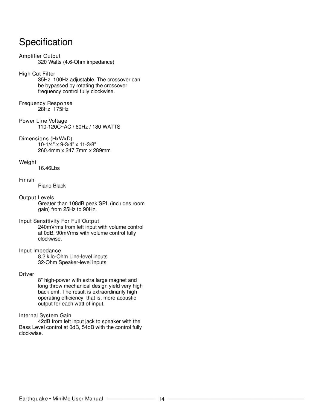 Earthquake Sound P8 manual Specification, High Cut Filter 