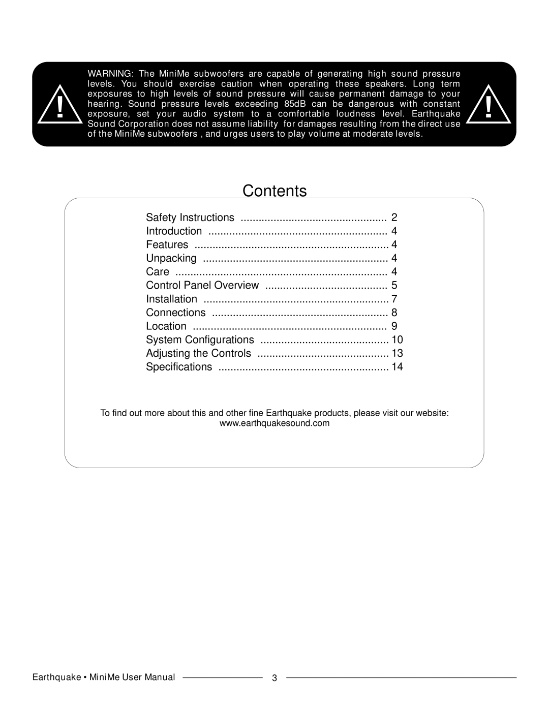 Earthquake Sound P8 manual Contents 