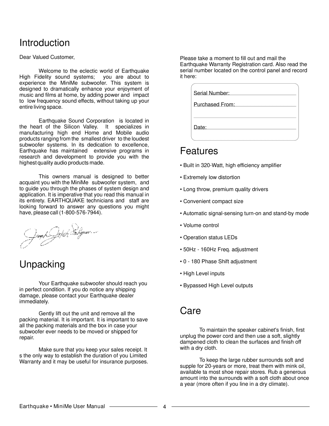 Earthquake Sound P8 manual Introduction, Unpacking, Features, Care 