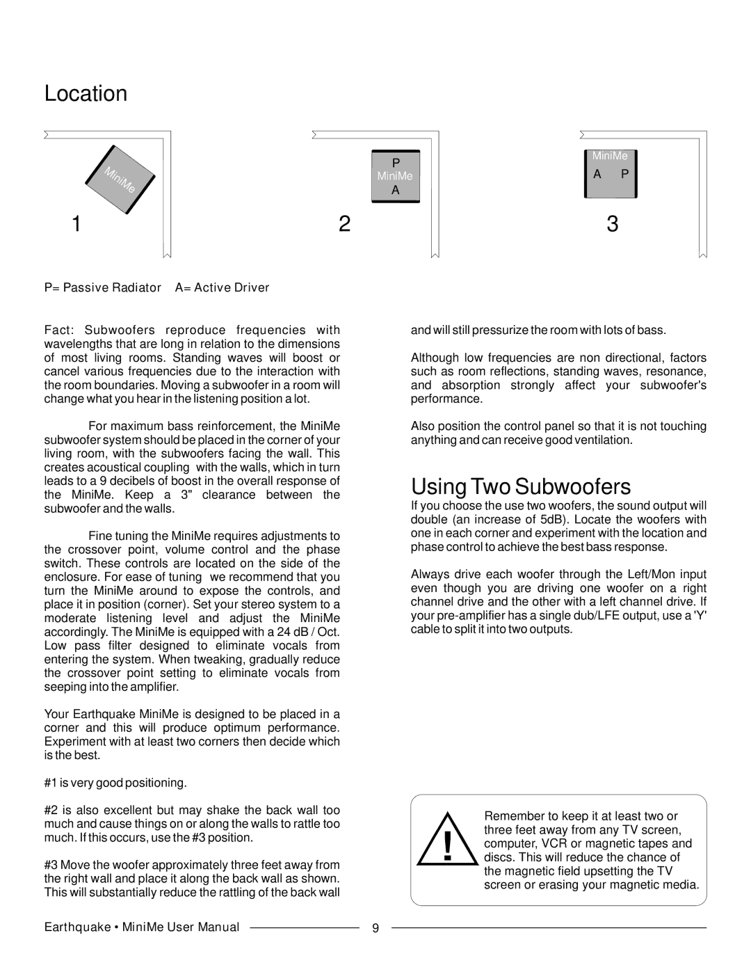 Earthquake Sound P8 manual Location, Using Two Subwoofers 