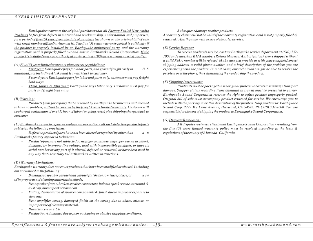 Earthquake Sound PA-600 operation manual Year Limited Warranty 