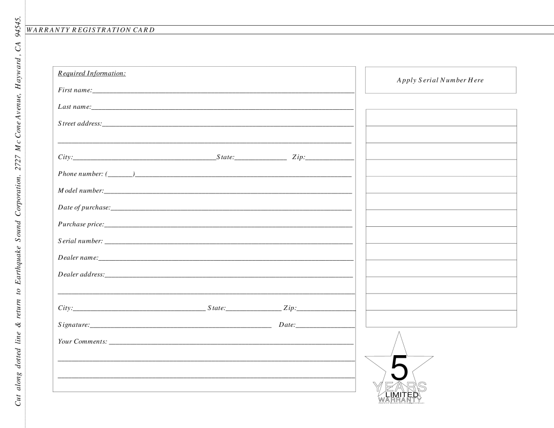 Earthquake Sound PA-600 operation manual Years, Warranty Registration Card 