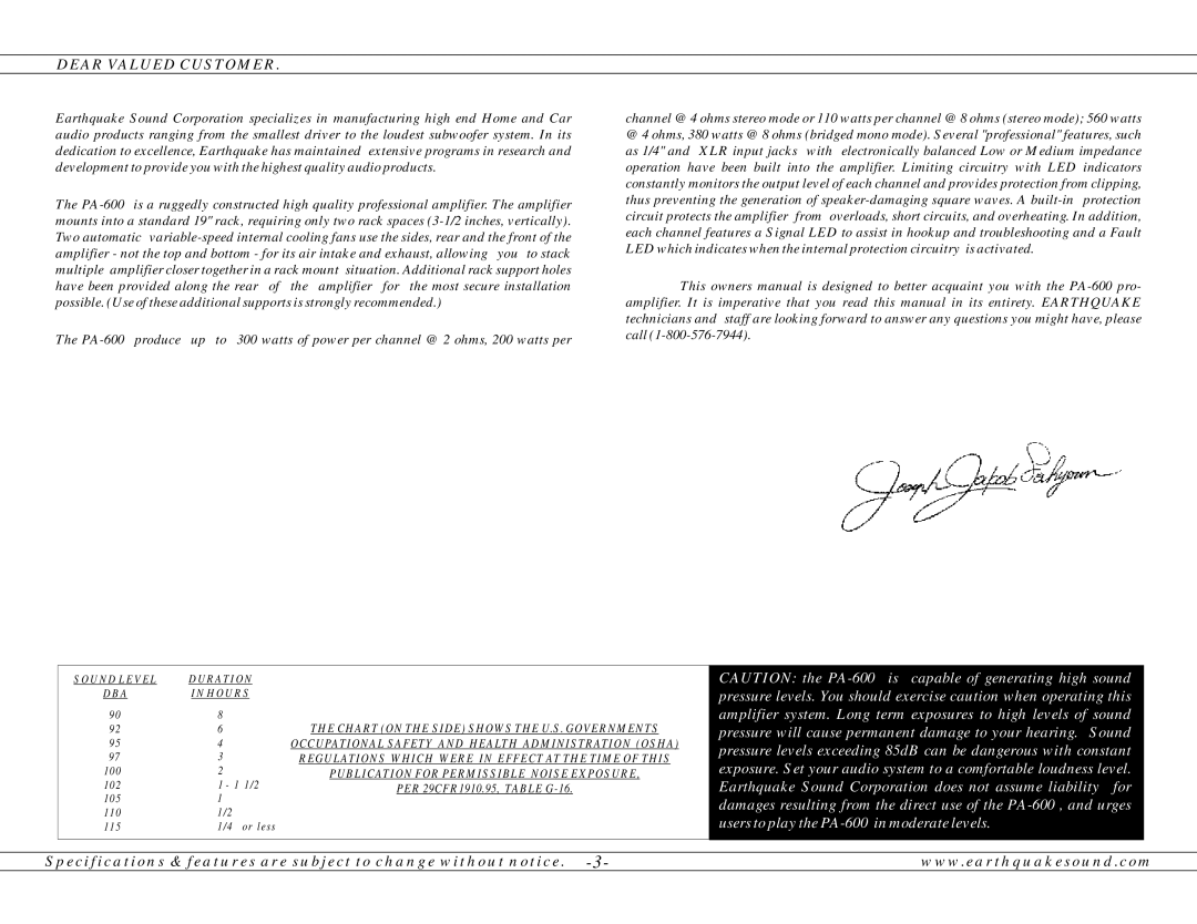 Earthquake Sound PA-600 operation manual Dear Valued Customer 