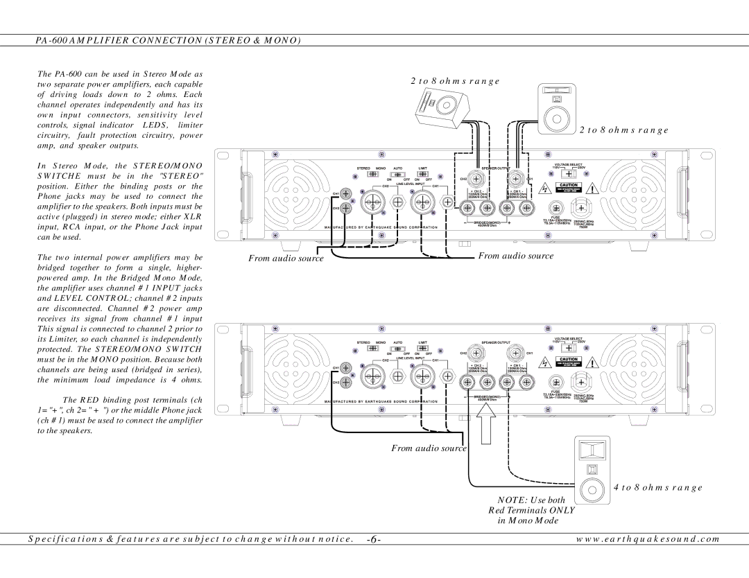 Earthquake Sound operation manual PA-600 Amplifier Connection Stereo & Mono, To 8 ohms range 