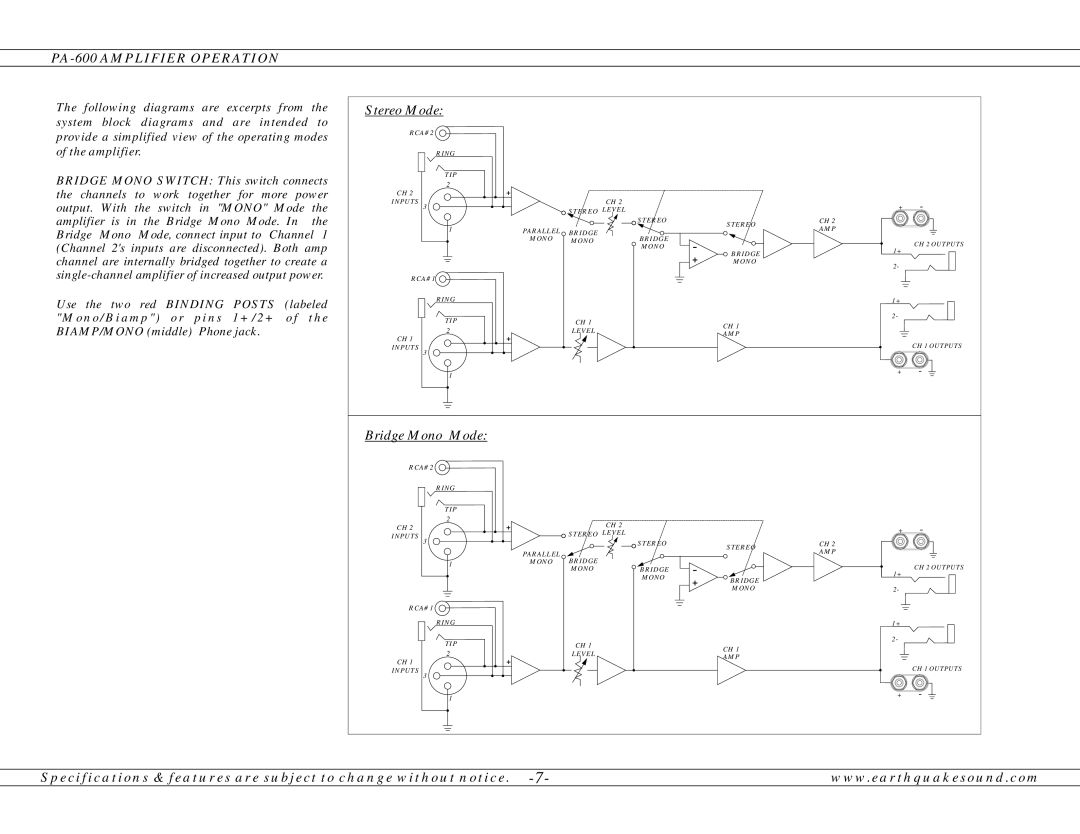 Earthquake Sound operation manual PA-600 Amplifier Operation, Stereo Mode 