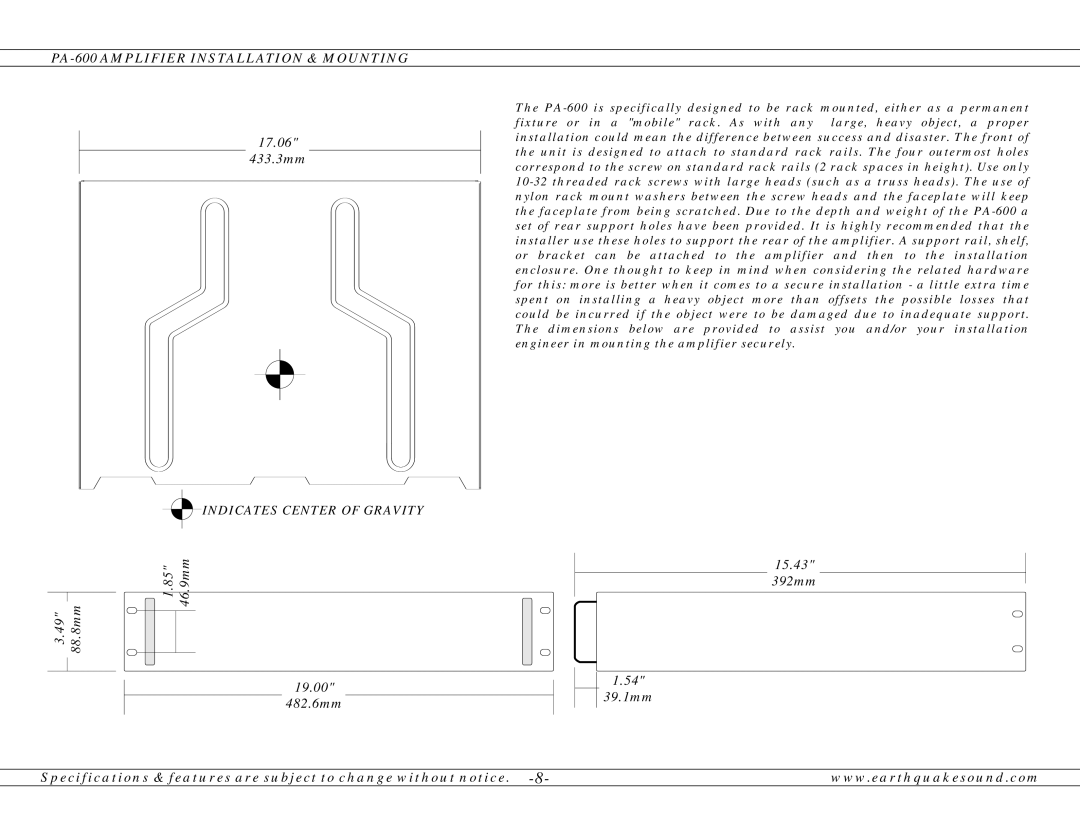 Earthquake Sound operation manual PA-600 Amplifier Installation & Mounting, Indicates Center of Gravity 