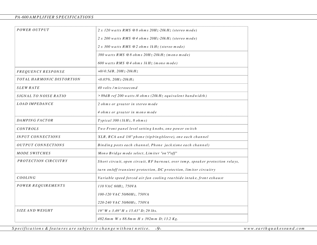 Earthquake Sound operation manual PA-600 Amplifier Specifications, Power Output 