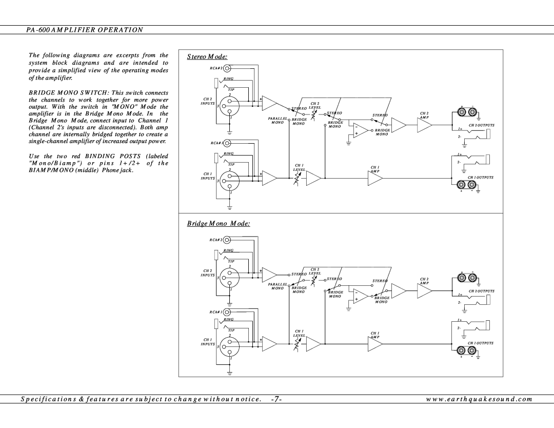 Earthquake Sound operation manual PA-600AMPLIFIER OPERATION, Stereo Mode, Bridge Mono Mode 