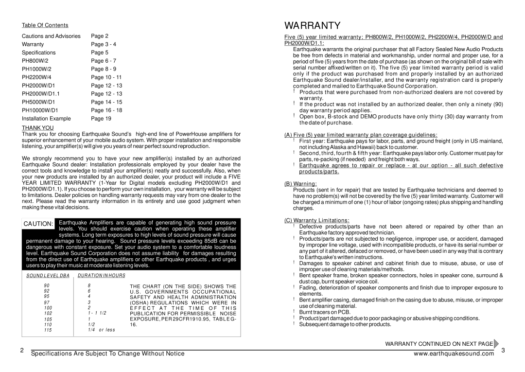 Earthquake Sound PH2200W/4, PH800W/2, PH1000W/2 specifications Warranty, Table Of Contents 