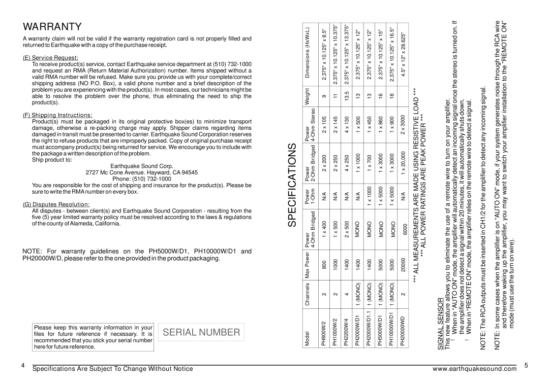 Earthquake Sound PH800W/2, PH1000W/2, PH2200W/4 specifications Specifications, Service Request 