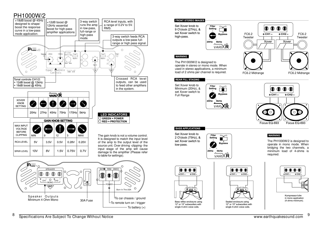 Earthquake Sound PH2200W/4, PH800W/2 specifications PH1000W/2 