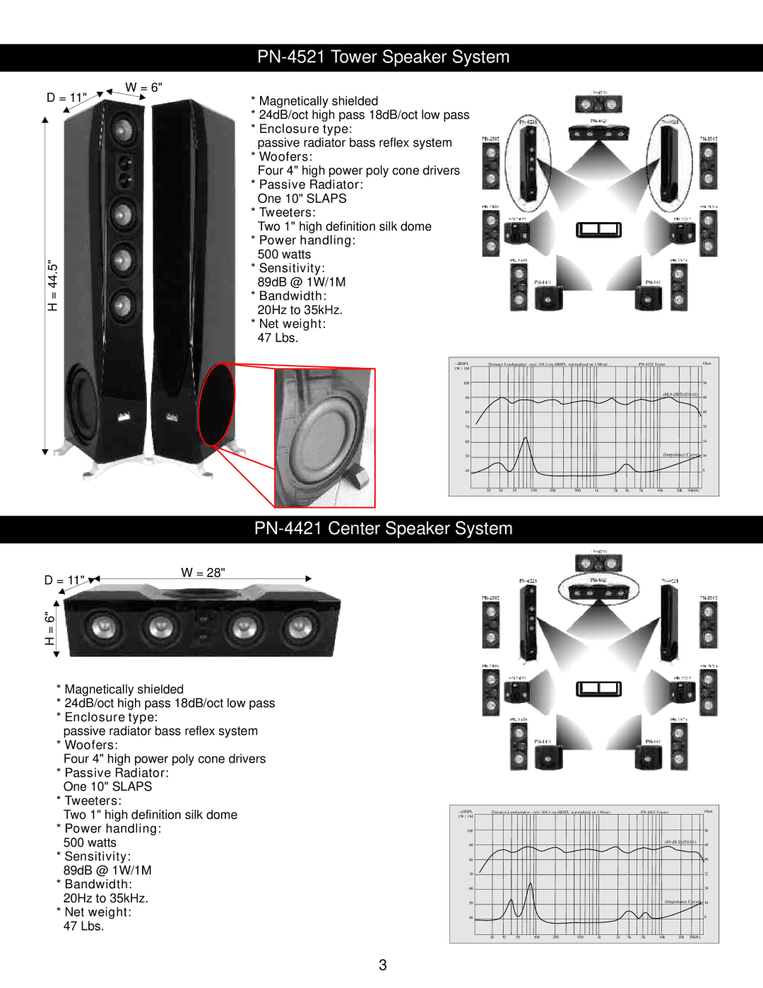 Earthquake Sound Platine Noiree user manual PN-4521 Tower Speaker System, PN-4421 Center Speaker System 