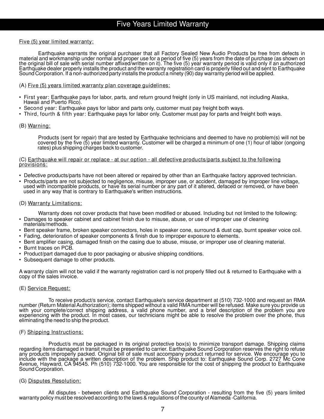 Earthquake Sound Platine Noiree user manual Five Years Limited Warranty, Five 5 year limited warranty 