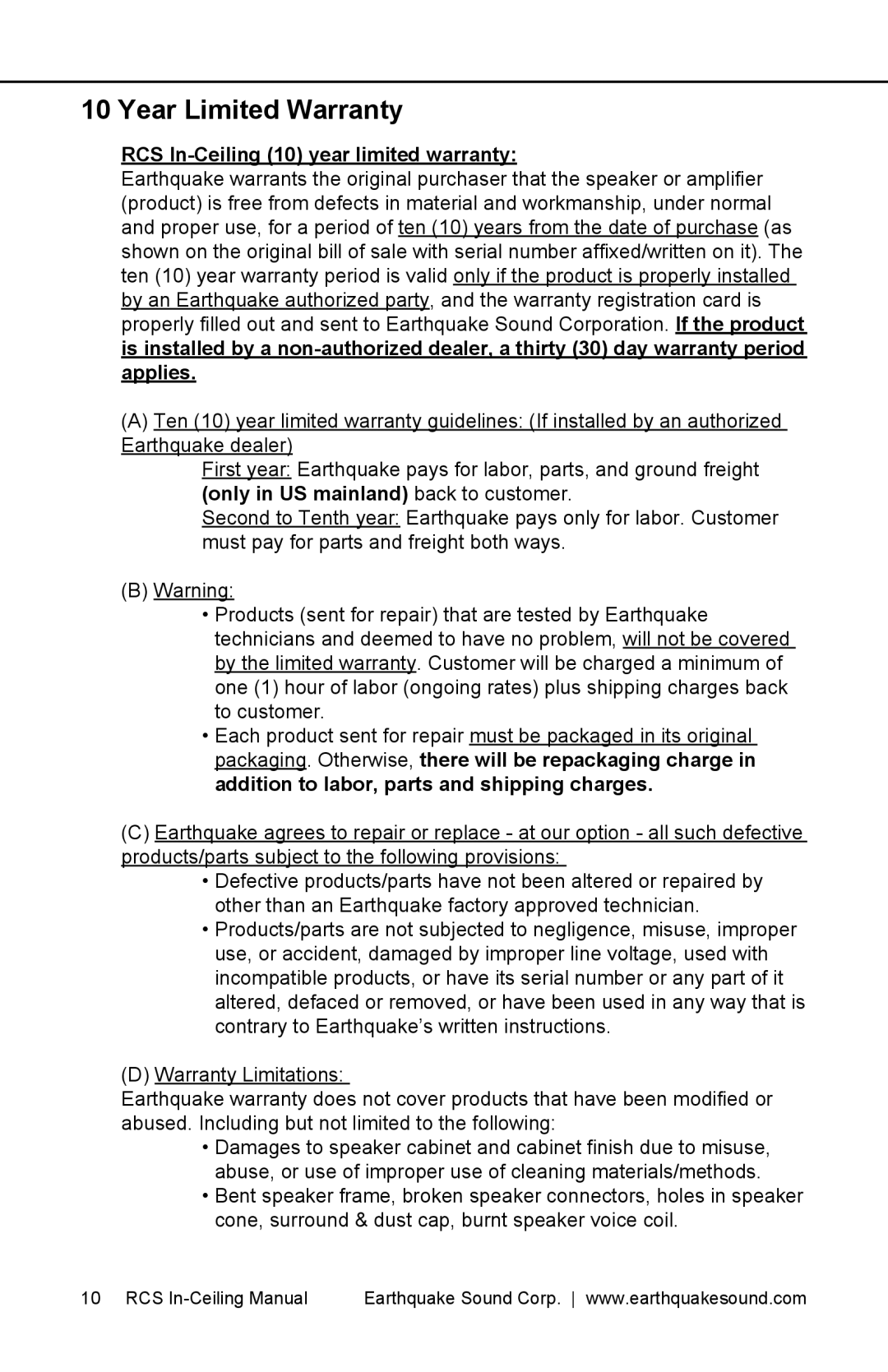 Earthquake Sound RCS-650, RCS-800 user manual Year Limited Warranty, RCS In-Ceiling 10 year limited warranty 