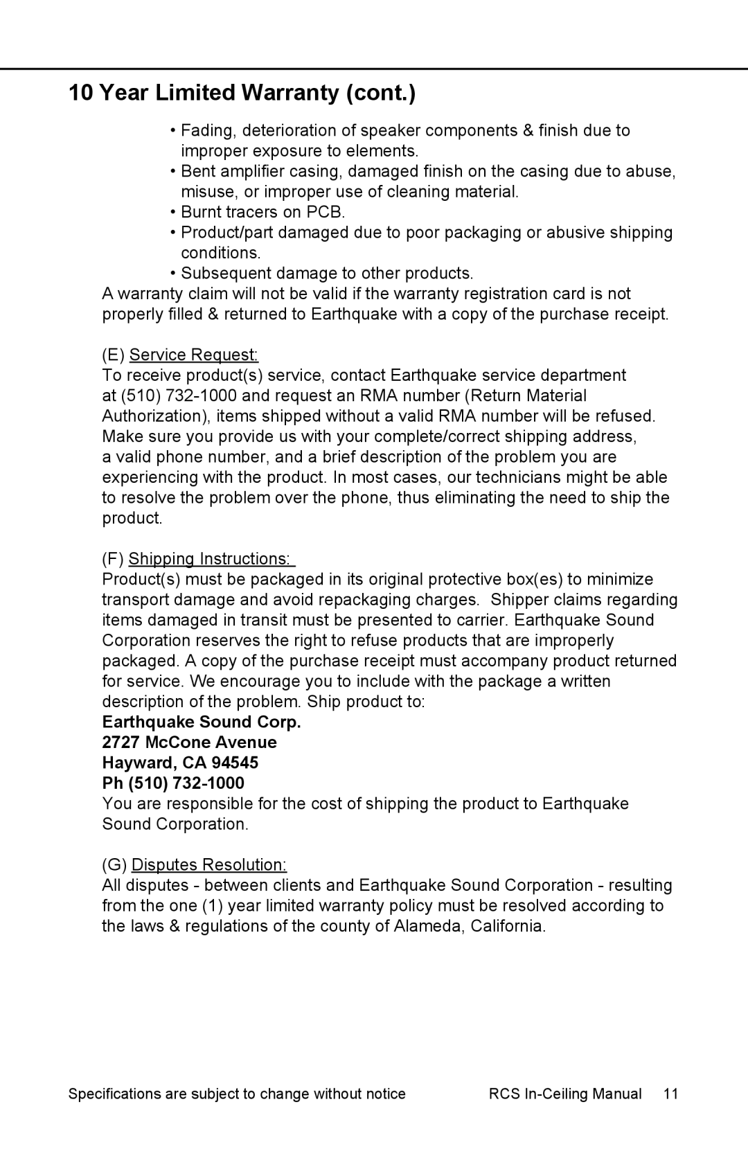 Earthquake Sound RCS-800, RCS-650 user manual Earthquake Sound Corp McCone Avenue Hayward, CA Ph 510 