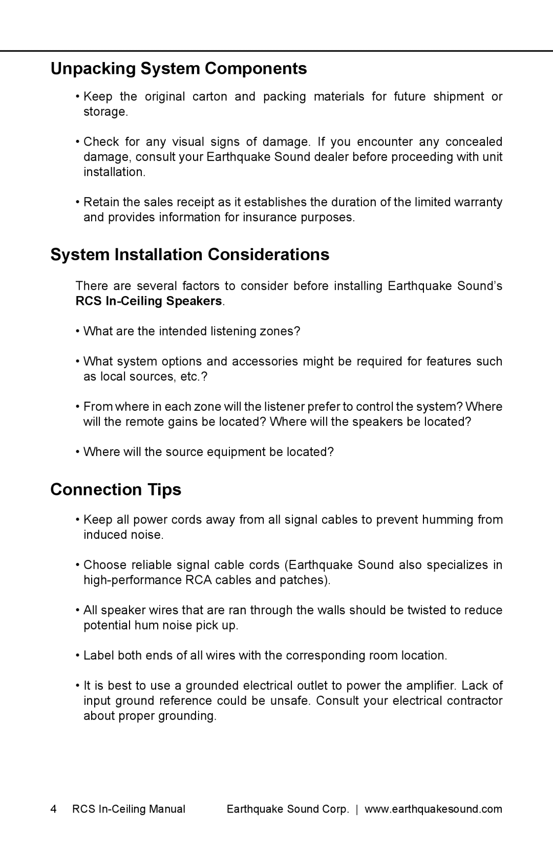 Earthquake Sound RCS-650, RCS-800 Unpacking System Components, System Installation Considerations, Connection Tips 