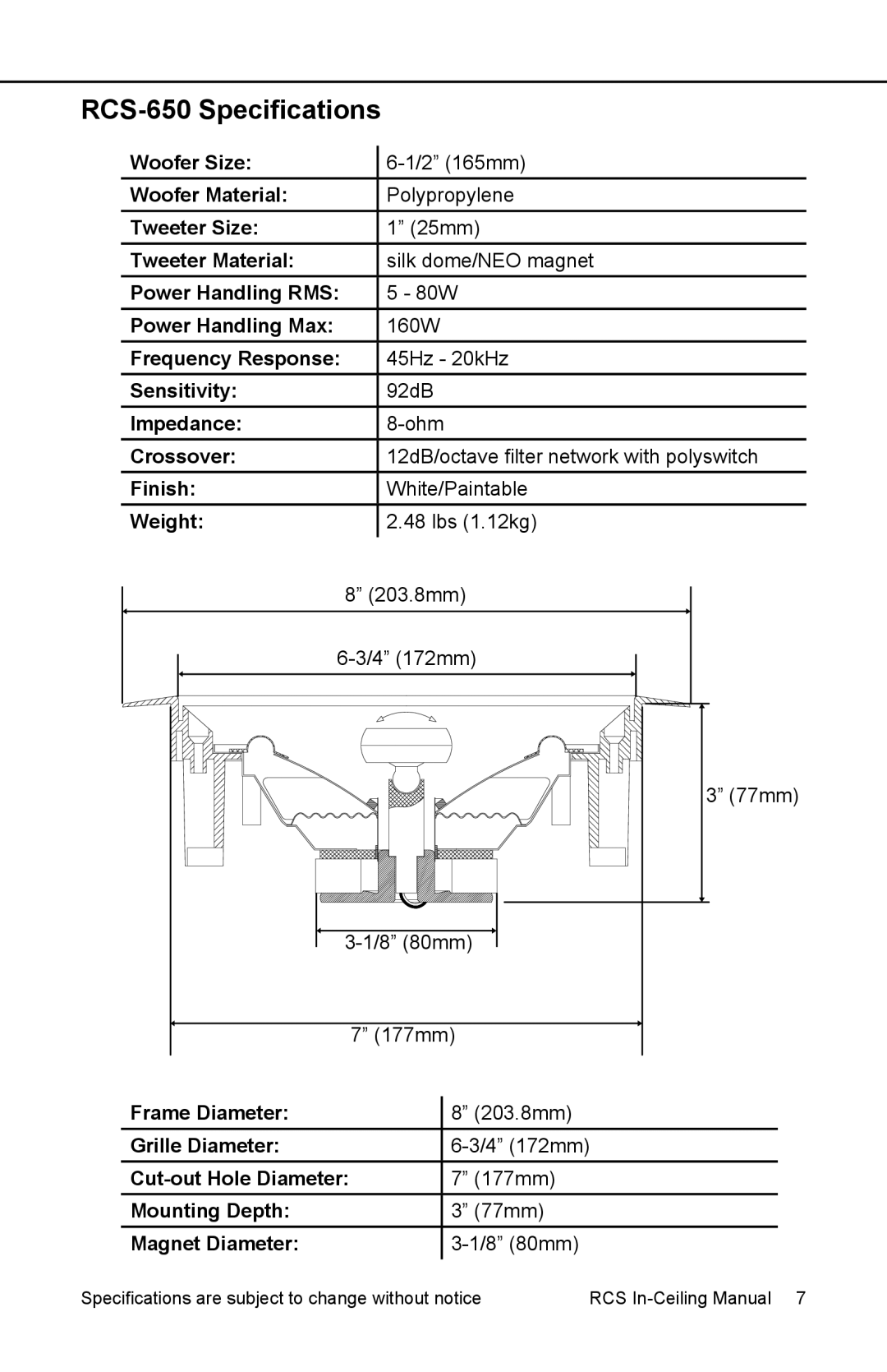 Earthquake Sound RCS-800 user manual RCS-650 Specifications 