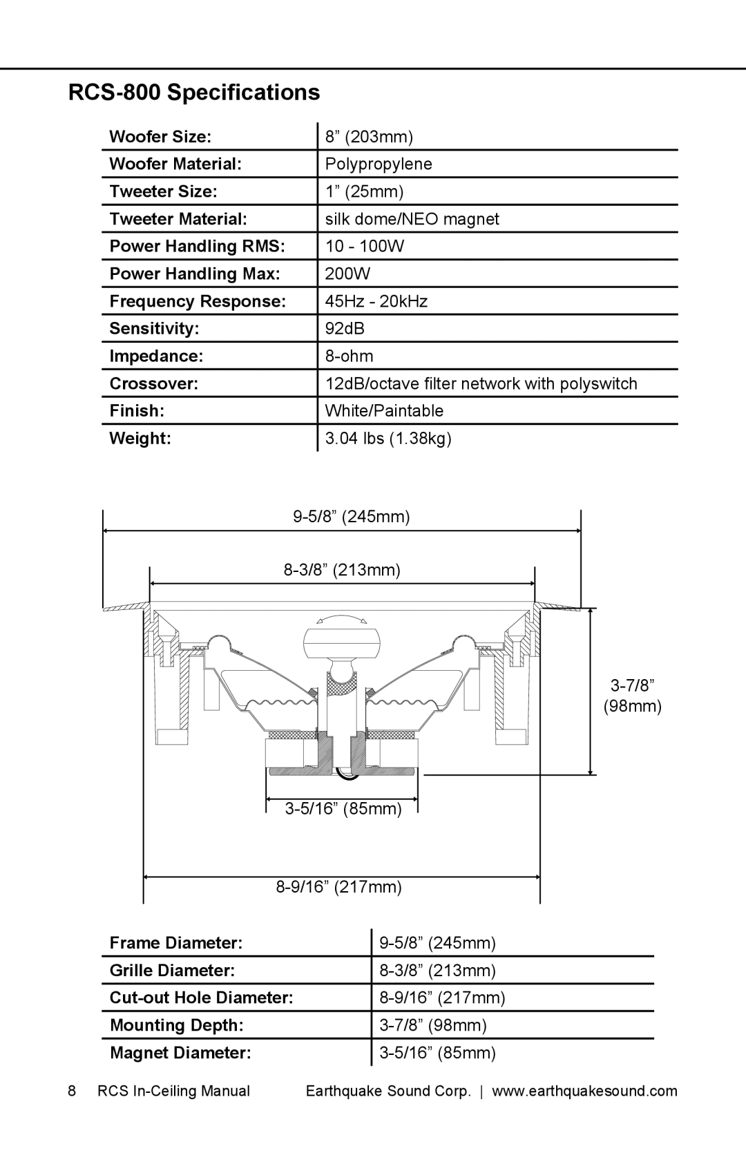 Earthquake Sound RCS-650 user manual RCS-800 Specifications 