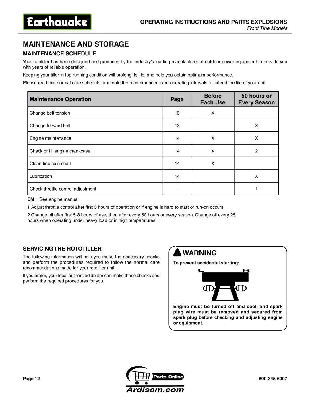 Earthquake Sound ROTOTILLERS Maintenance Schedule, Maintenance Operation Before Hours or, Servicing the Rototiller 