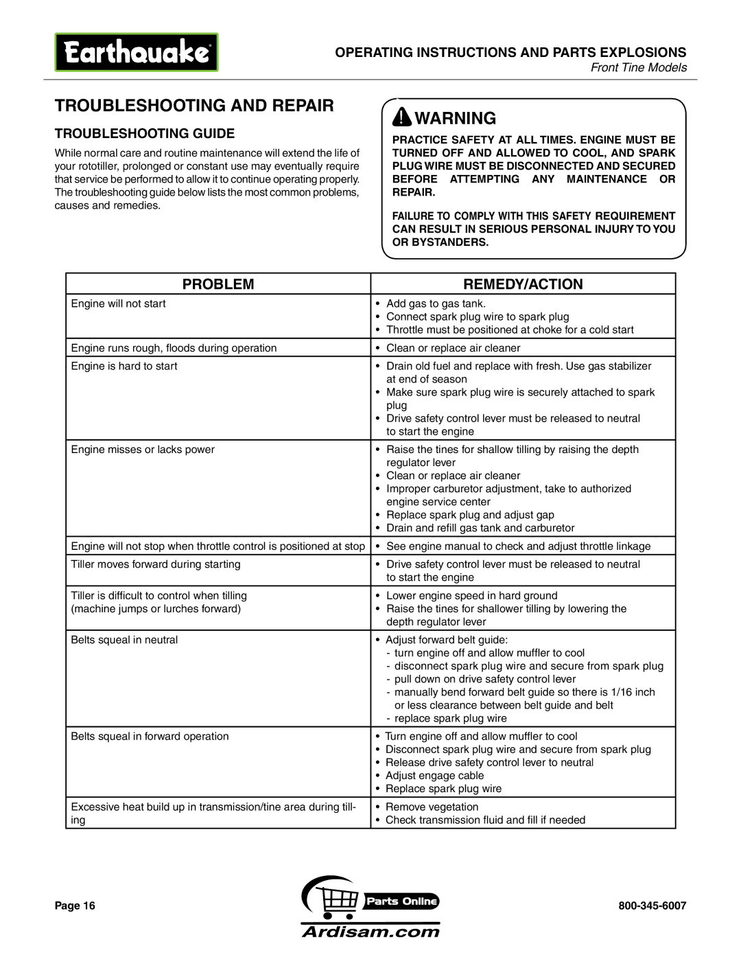 Earthquake Sound ROTOTILLERS operating instructions Troubleshooting and Repair, Troubleshooting Guide 