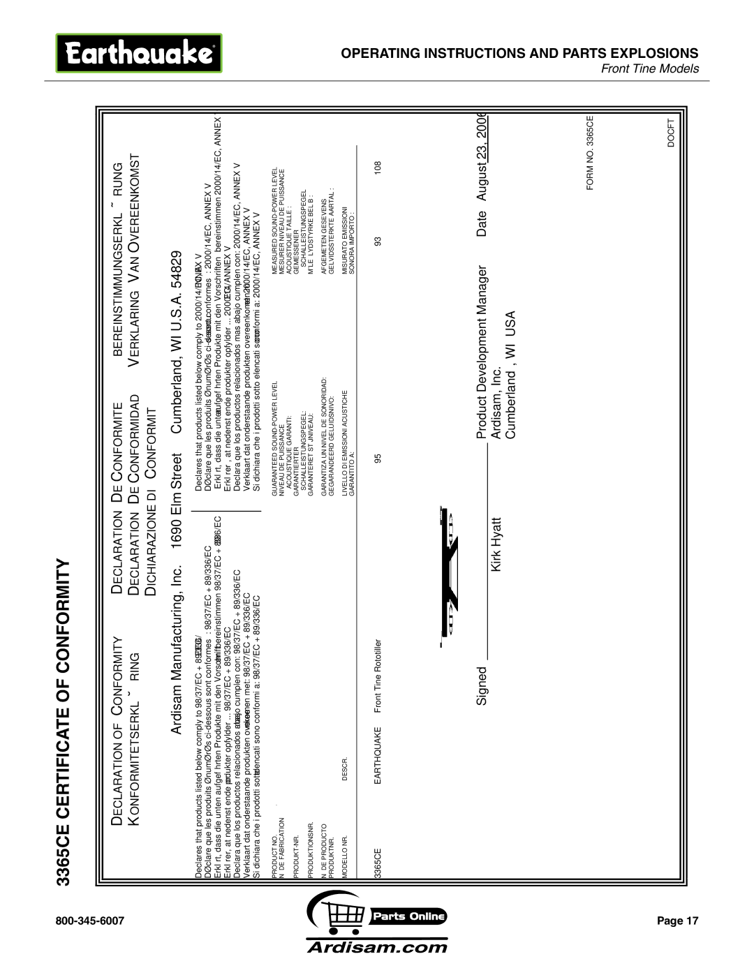 Earthquake Sound ROTOTILLERS 3365ce certificate of conformity, Ardisam Manufacturing, Inc Elm Street Cumberland, WI U.S.A 