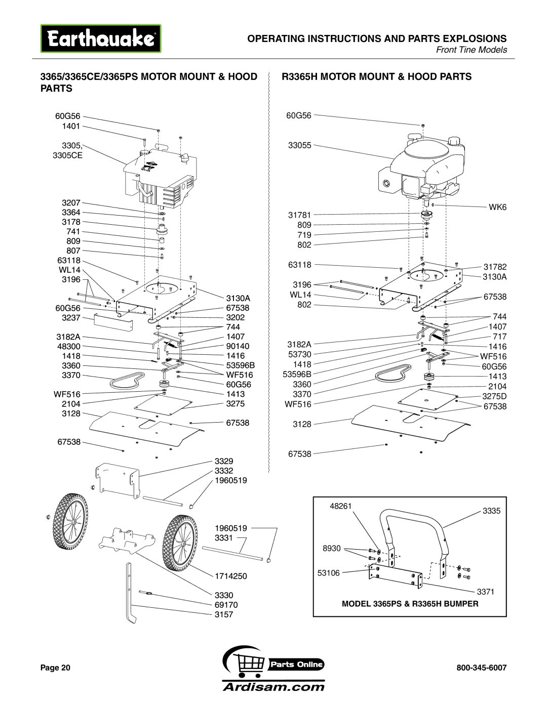 Earthquake Sound ROTOTILLERS operating instructions WK6, Model 3365PS & R3365H Bumper 