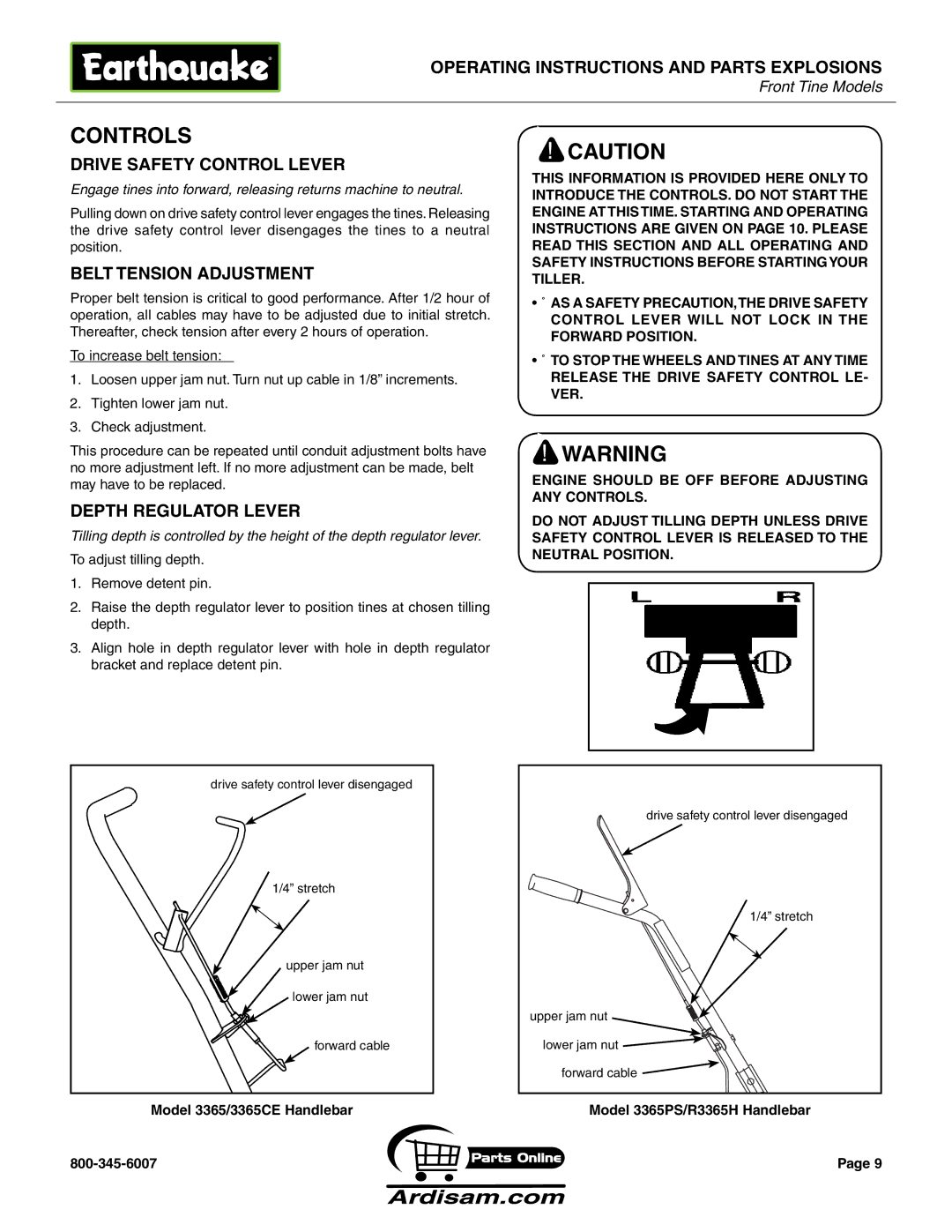 Earthquake Sound ROTOTILLERS Controls, Drive Safety Control Lever, Belt Tension Adjustment, Depth Regulator Lever 