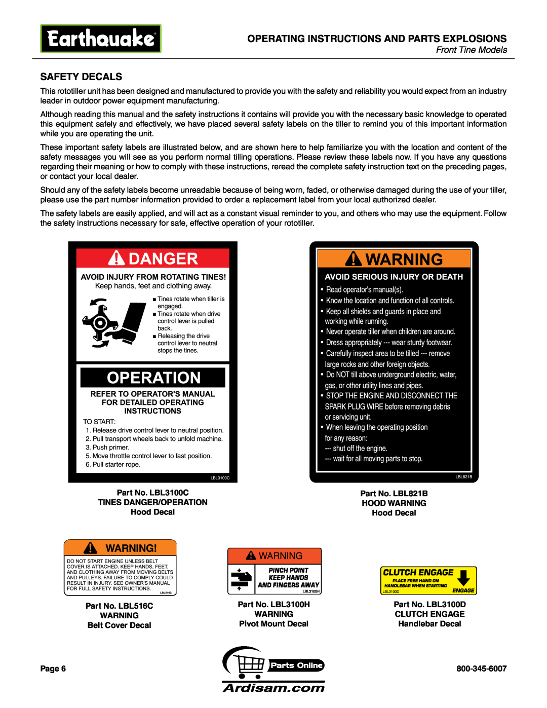 Earthquake Sound ROTOTILLERS Safety Decals, OPERATING INSTRUCTIONS and parts explosions, Front Tine Models 