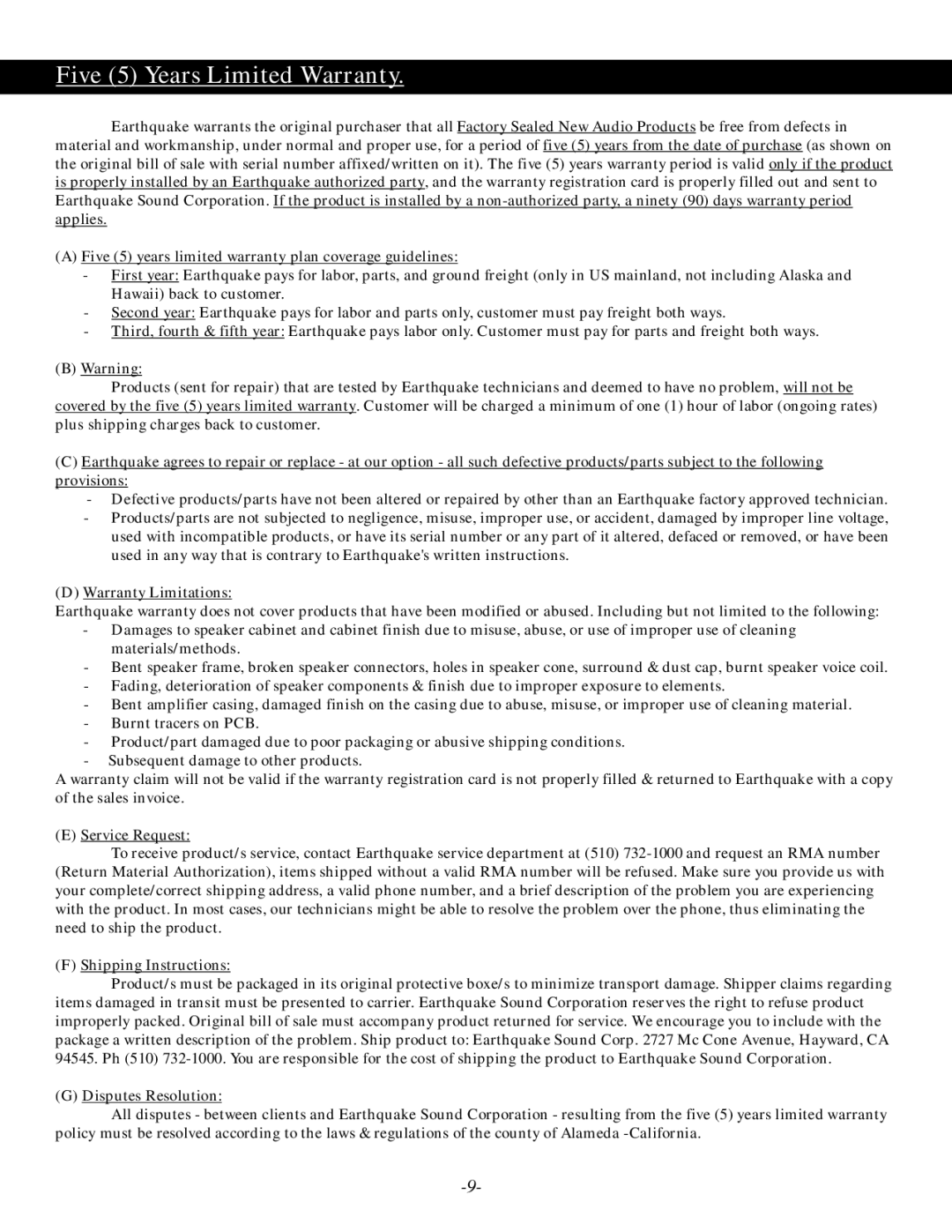 Earthquake Sound S-12, S-10 operation manual Five 5 Years Limited Warranty 