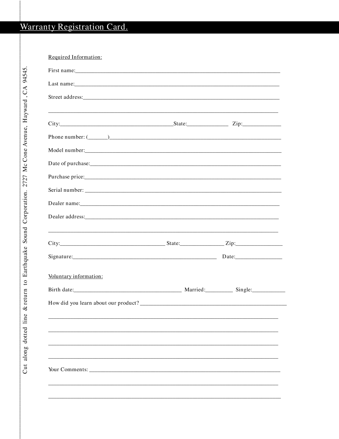 Earthquake Sound S-10, S-12 operation manual Warranty Registration Card 