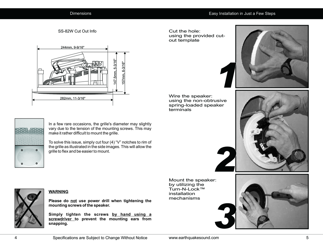 Earthquake Sound SS user manual Dimensions, Easy Installation in Just a Few Steps 