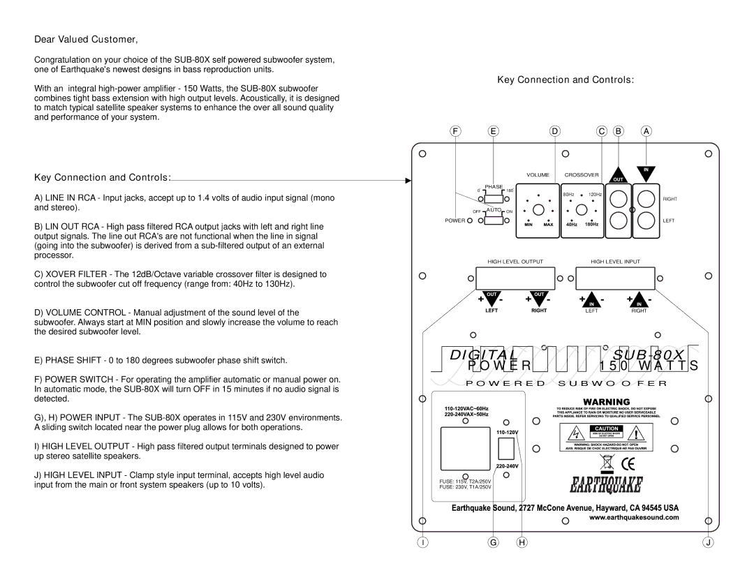 Earthquake Sound SUB-80X user manual Dear Valued Customer, Key Connection and Controls 