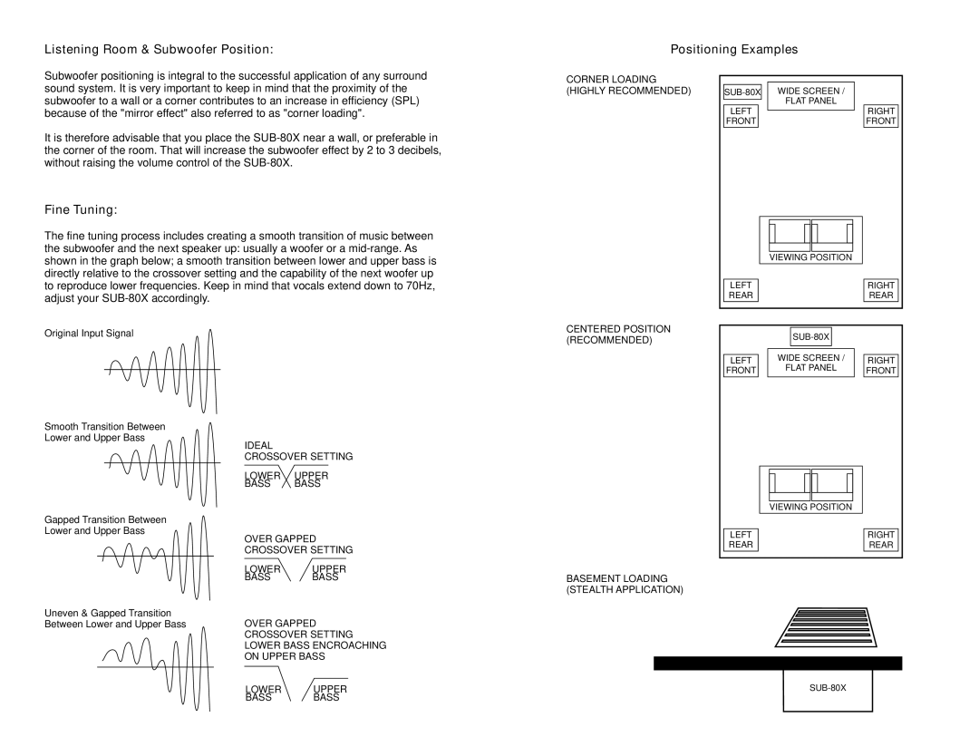 Earthquake Sound SUB-80X user manual Listening Room & Subwoofer Position Positioning Examples, Fine Tuning 