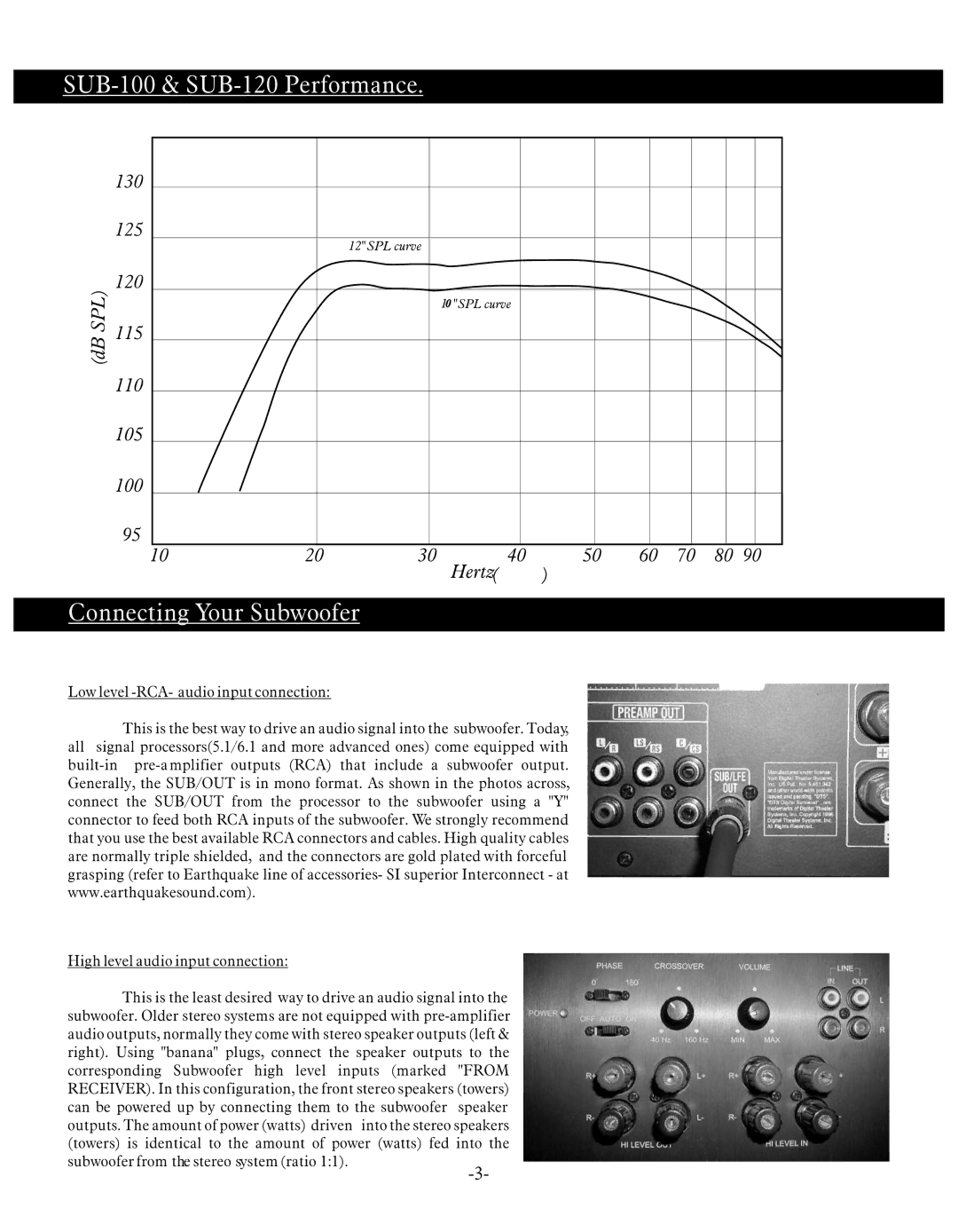 Earthquake Sound SUB120, SUB100 operation manual SUB-100 & SUB-120 Performance Connecting Your Subwoofer 