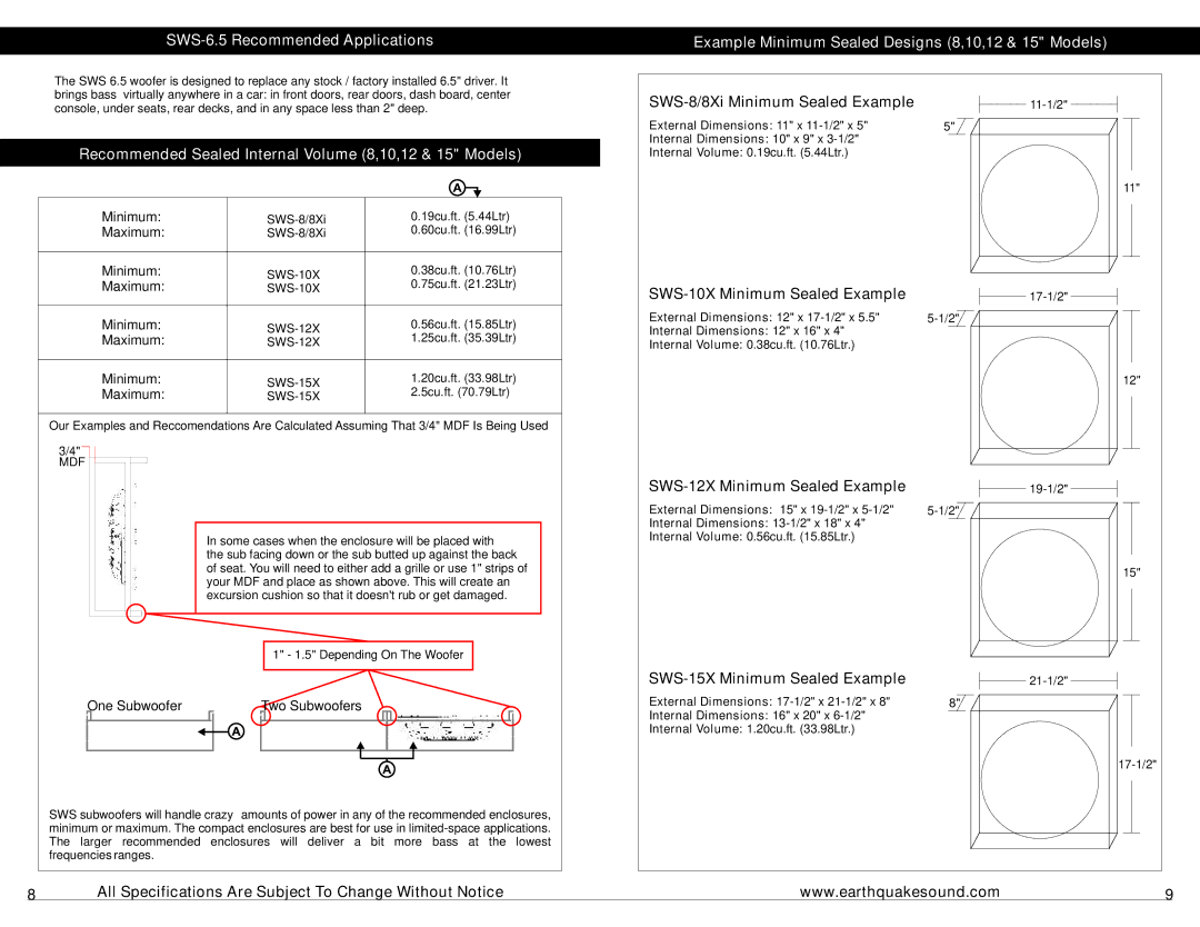 Earthquake Sound SWS-6.5X Recommended Sealed Internal Volume 8,10,12 & 15 Models, SWS-8/8Xi Minimum Sealed Example 