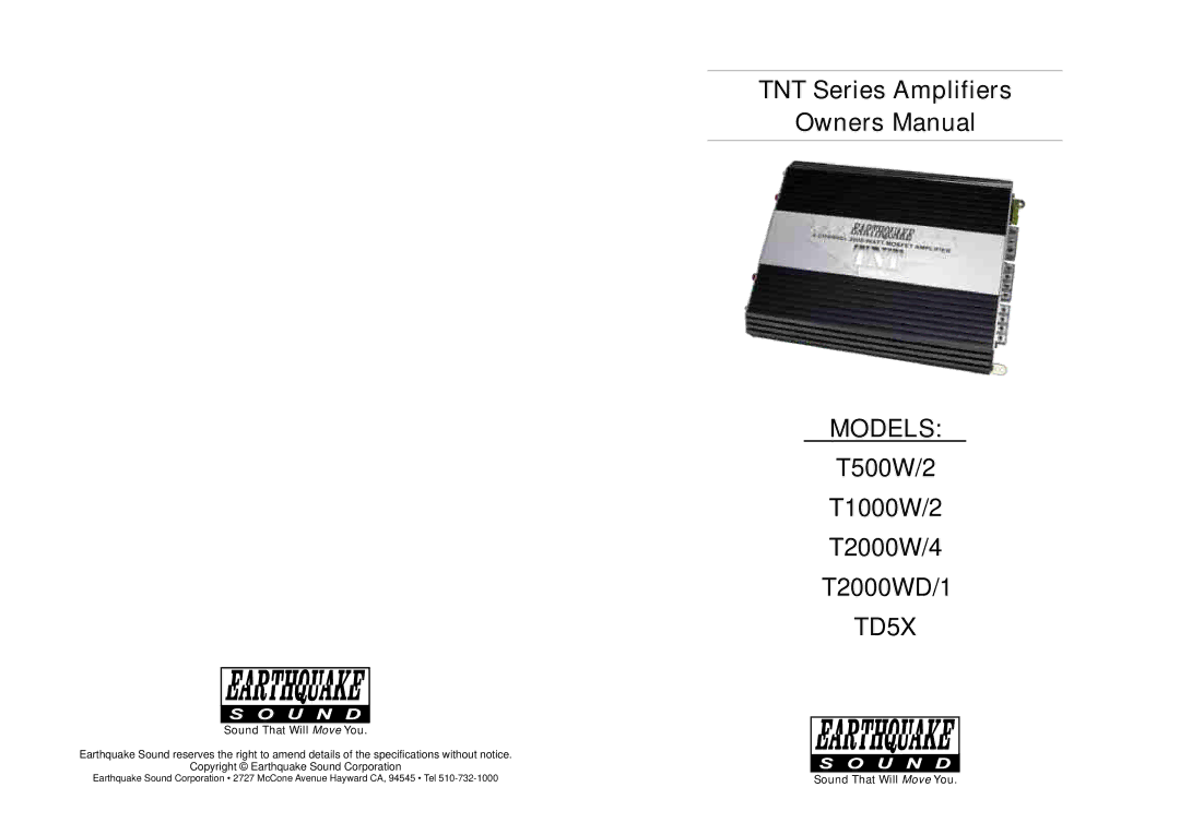 Earthquake Sound T500W/2, TD5X, T2000WD/1, T1000W/2, T2000W/4 specifications Models 