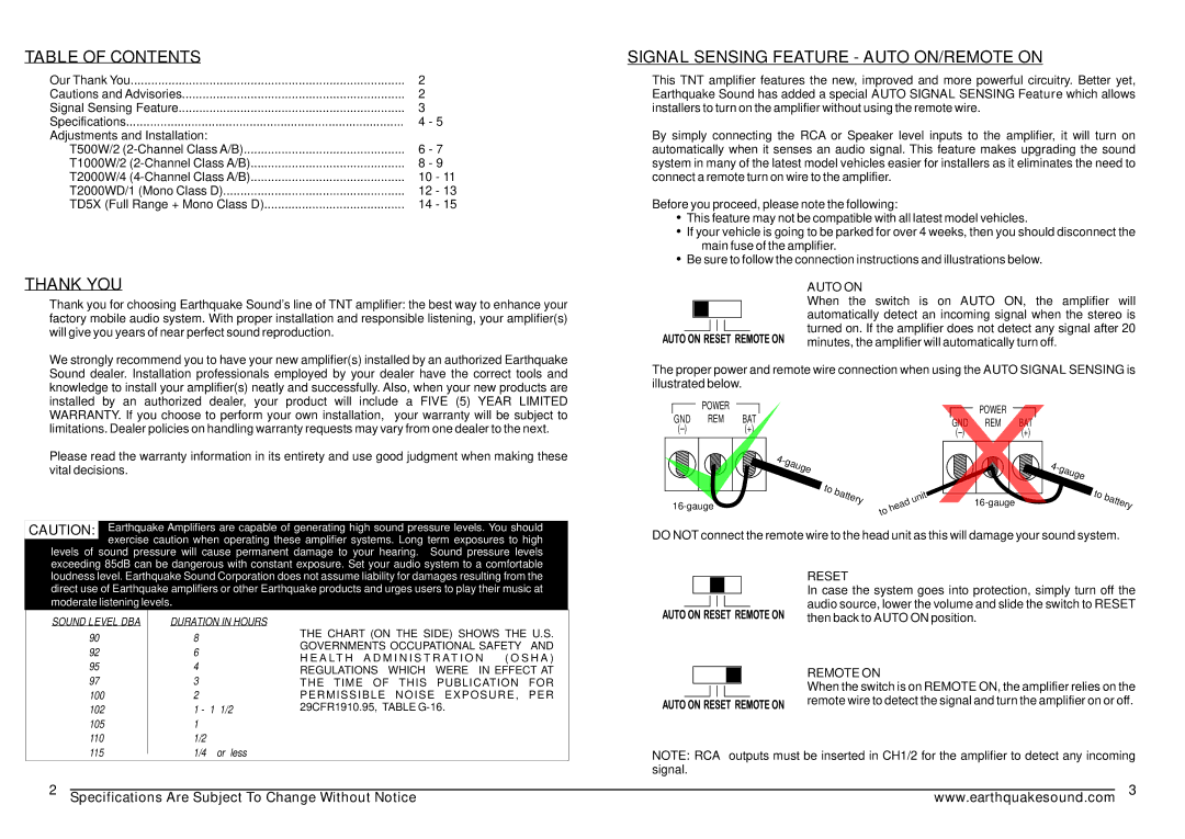 Earthquake Sound T2000WD/1, TD5X, T500W/2, T1000W/2 Table of Contents, Thank YOU, Signal Sensing Feature Auto ON/REMOTE on 