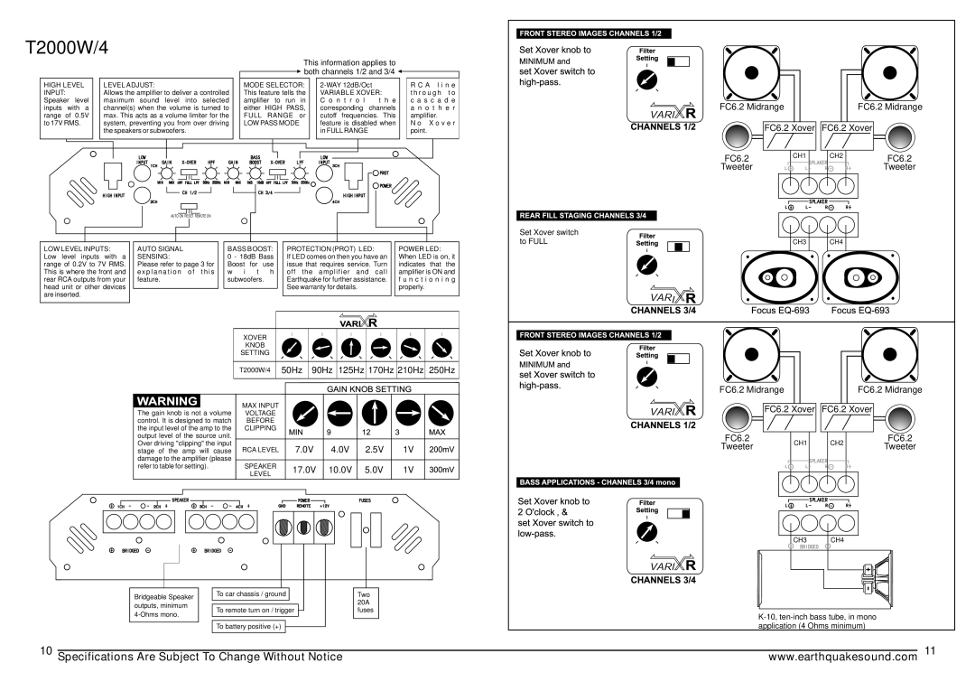 Earthquake Sound T500W/2, TD5X, T2000WD/1, T1000W/2 specifications T2000W/4, 50Hz 90Hz 125Hz 170Hz 210Hz 250Hz FC6.2 Midrange 