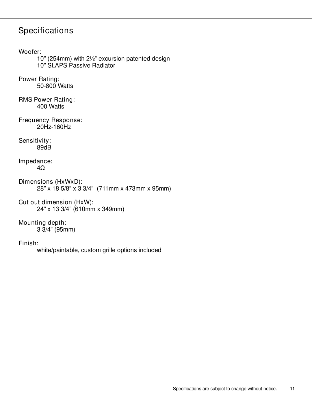 Earthquake Sound THOR IW--SUB10 user manual Specifications, Finish 