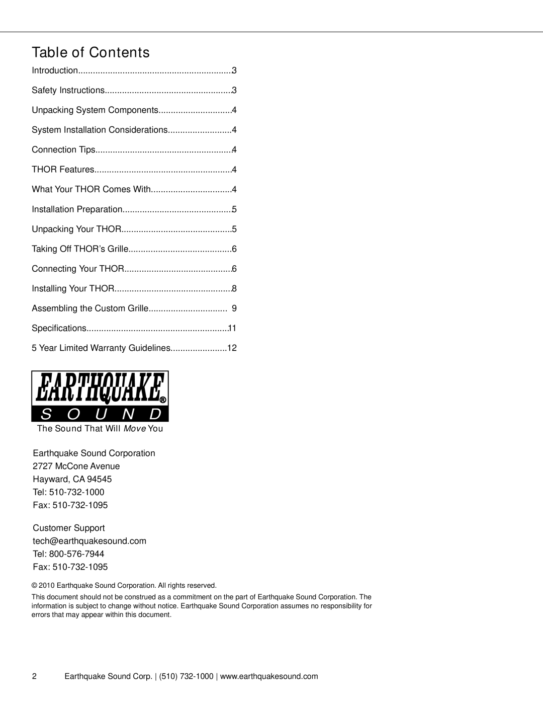 Earthquake Sound THOR IW--SUB10 user manual U N D, Table of Contents 